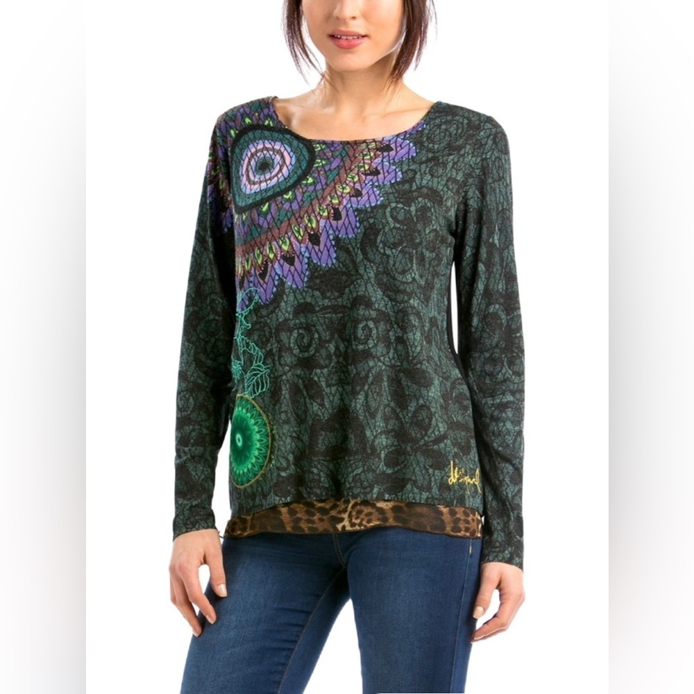 Desigual Artsy Mixed Media Animal Print Long Sleeve Layered Blouse Size M